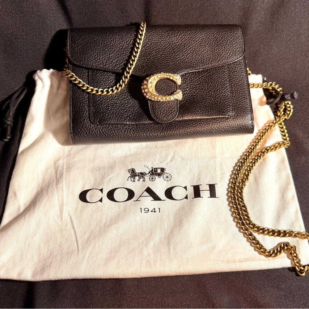 Coach Crystal C Tabby Chain Clutch Black & Gold - Picture 2 of 15